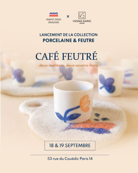 Visuel lancement collaboration Vesna Garic Merci mon Mouton tasse en porcelaine et sous-tasse en feutre